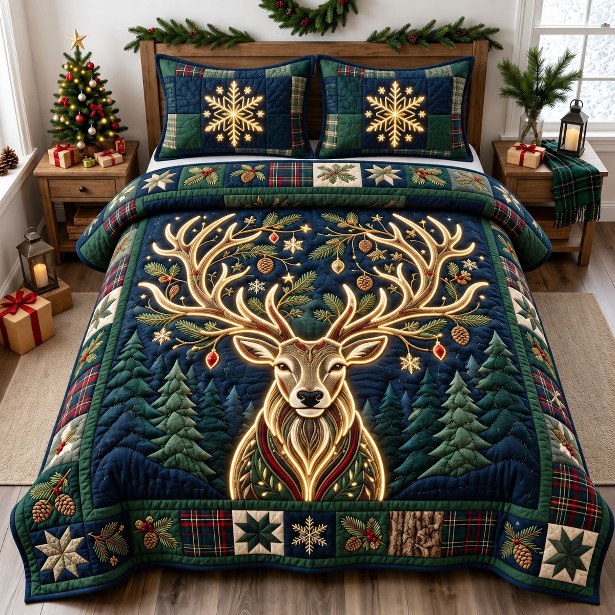 Light Reindeer 3 Piece Quilted Bedding Set Christmas Gift For Holiday Decor Lovers