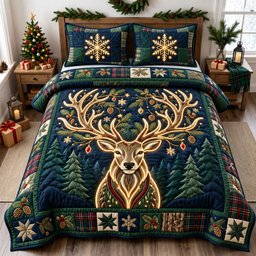 Light Reindeer 3 Piece Quilted Bedding Set Christmas Gift For Holiday Decor Lovers