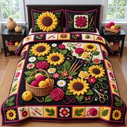Sunflower Crochet Garden 3 Piece Quilted Bedding Set Gift For Flower Lovers