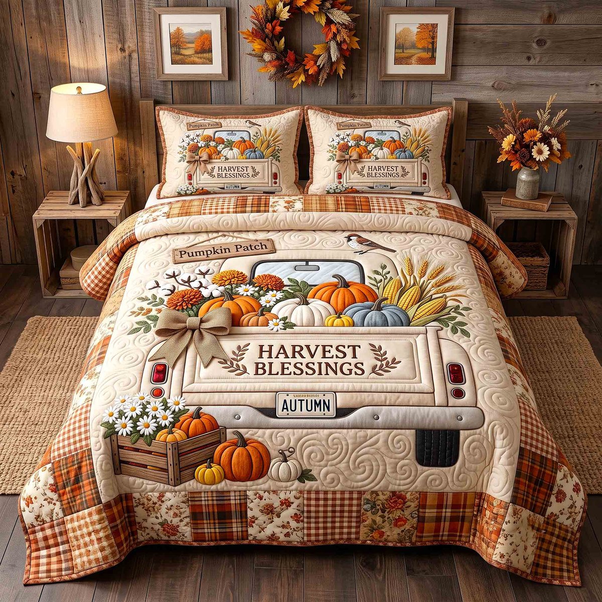 Harvest Blessings Truck 3 Piece Quilted Bedding Set Gift For Farmhouse Decor Lovers