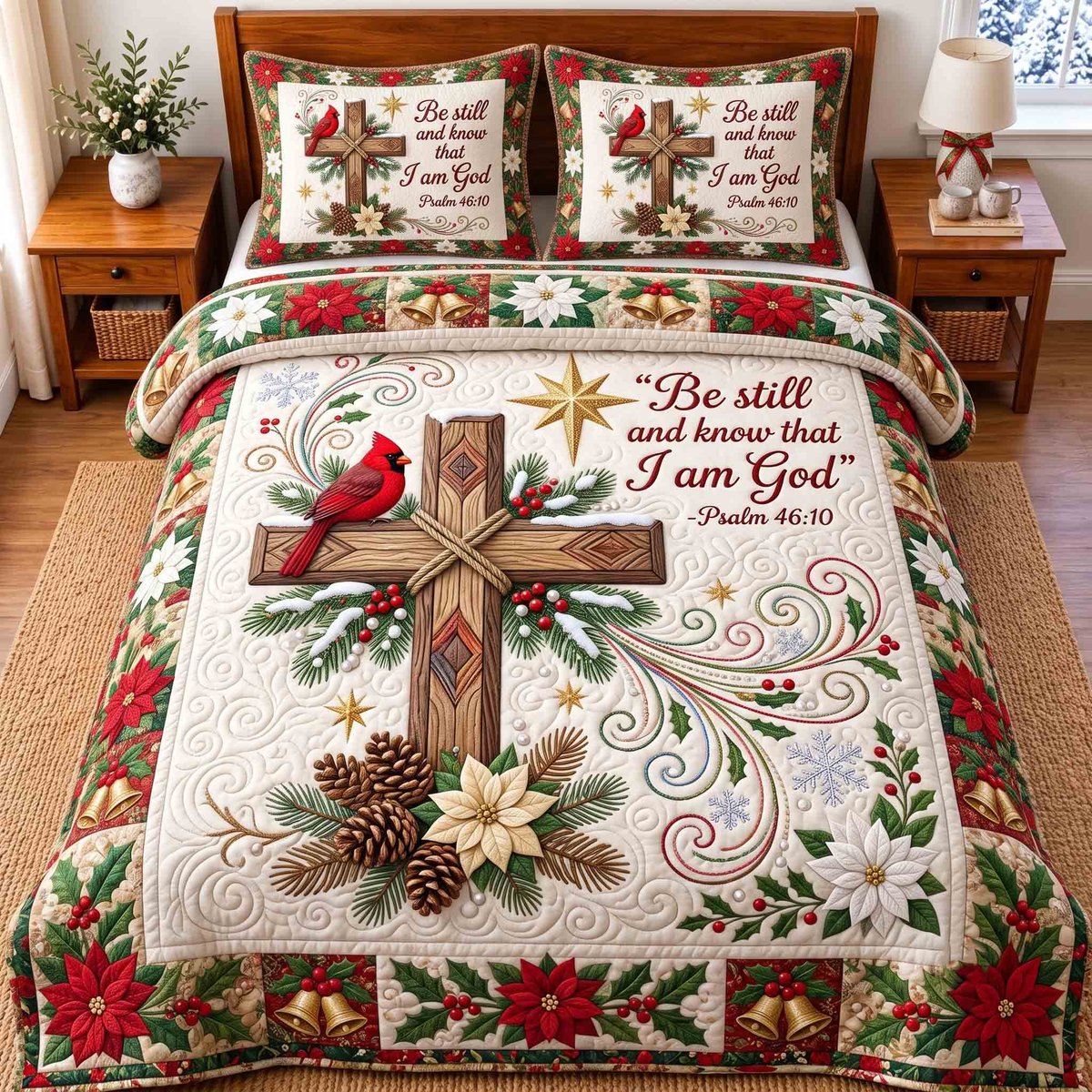 Blessed Faith Cardinal 3 Piece Quilted Bedding Set Gift For Bird Lovers