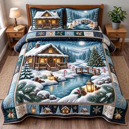 Lakeside Cabin 3 Piece Quilted Bedding Set Christmas Gift For Holiday Decor Lovers