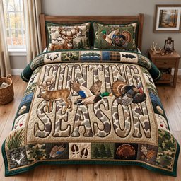 Camo Hunting Deer 3 Piece Quilted Bedding Set Gift For Hunters