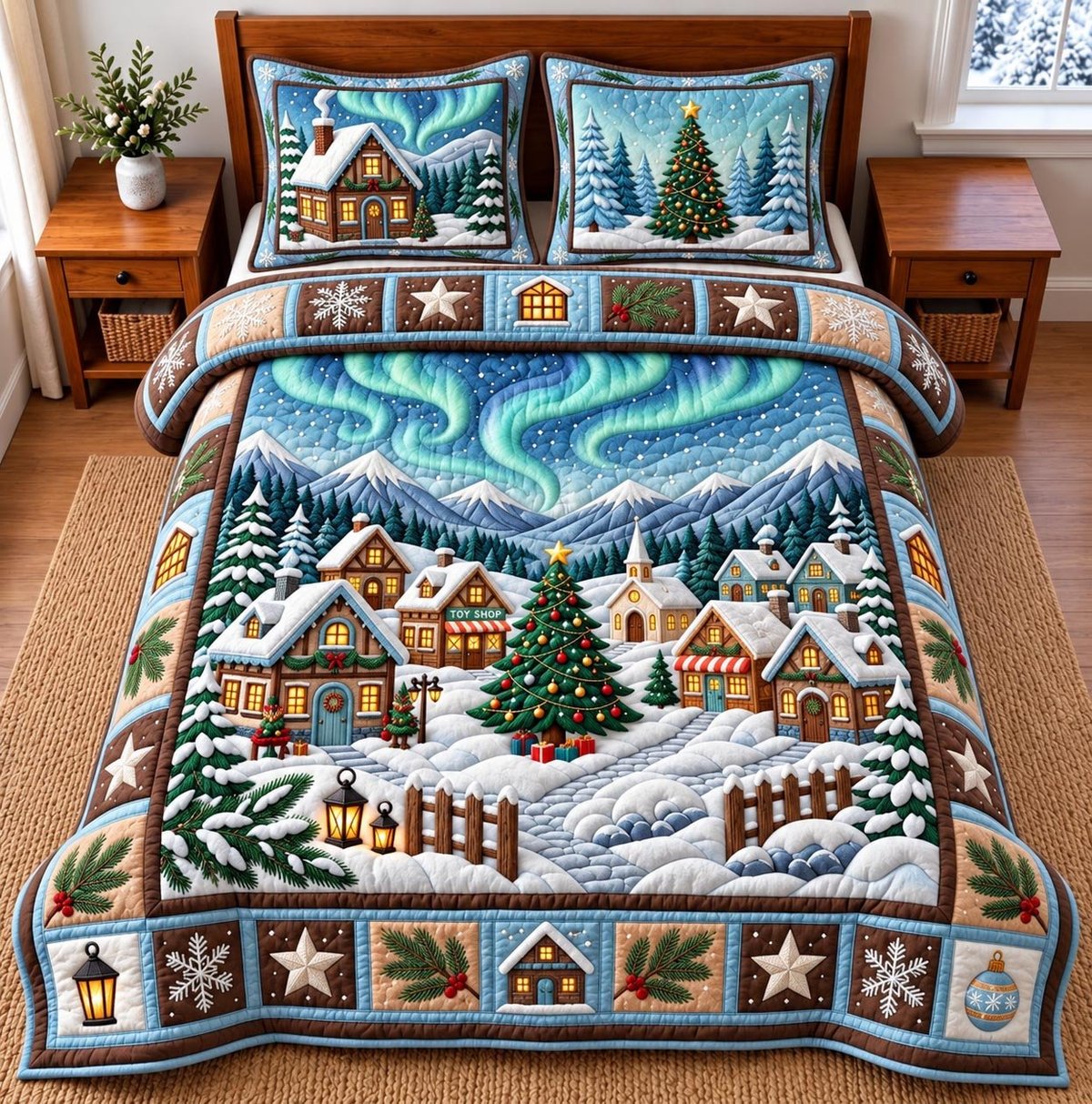 Aurora 3 Piece Quilted Bedding Set Christmas Gift For Holiday Decor Lovers