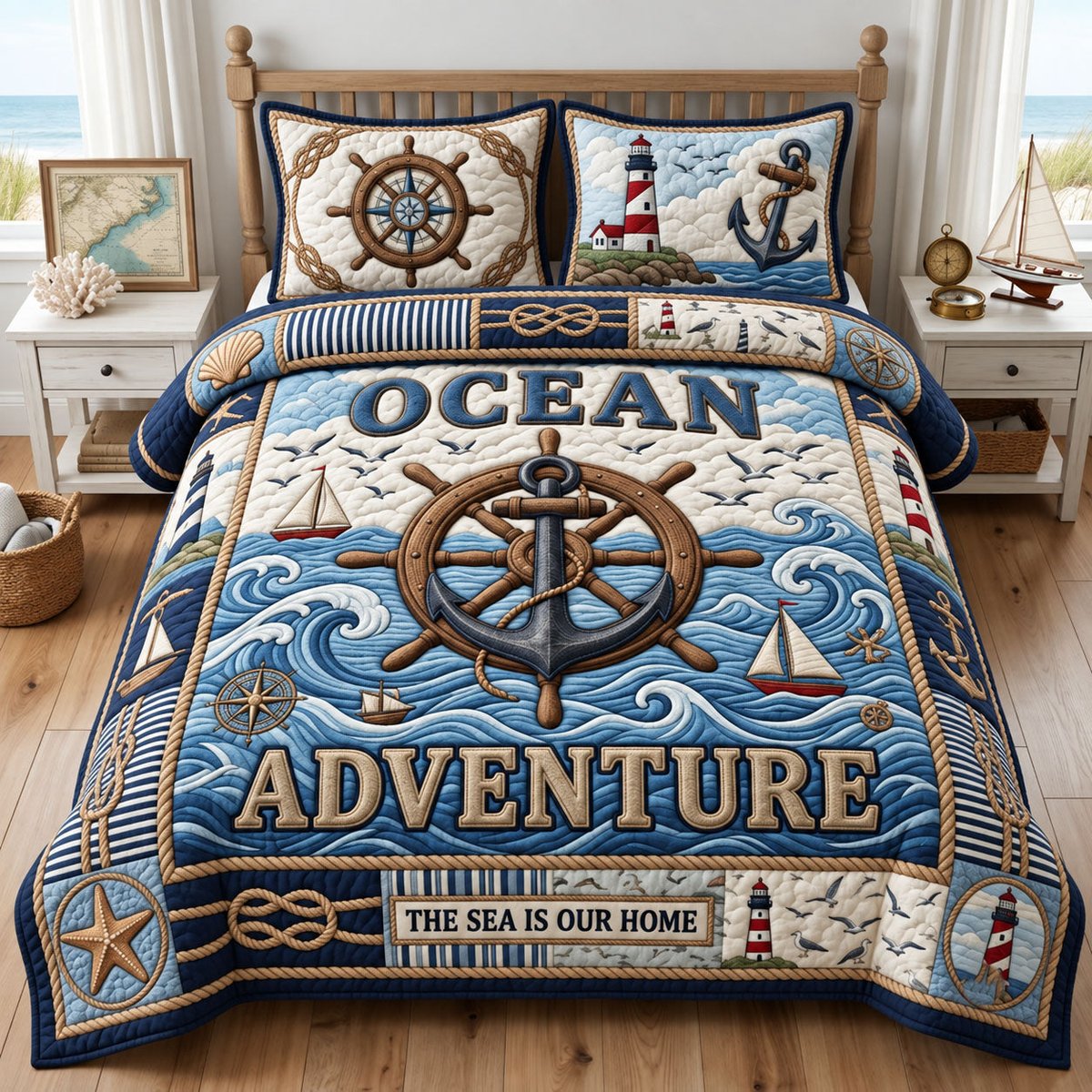 Ocean Adventure Beach 3 Piece Quilted Bedding Set Gift For Beach Lovers