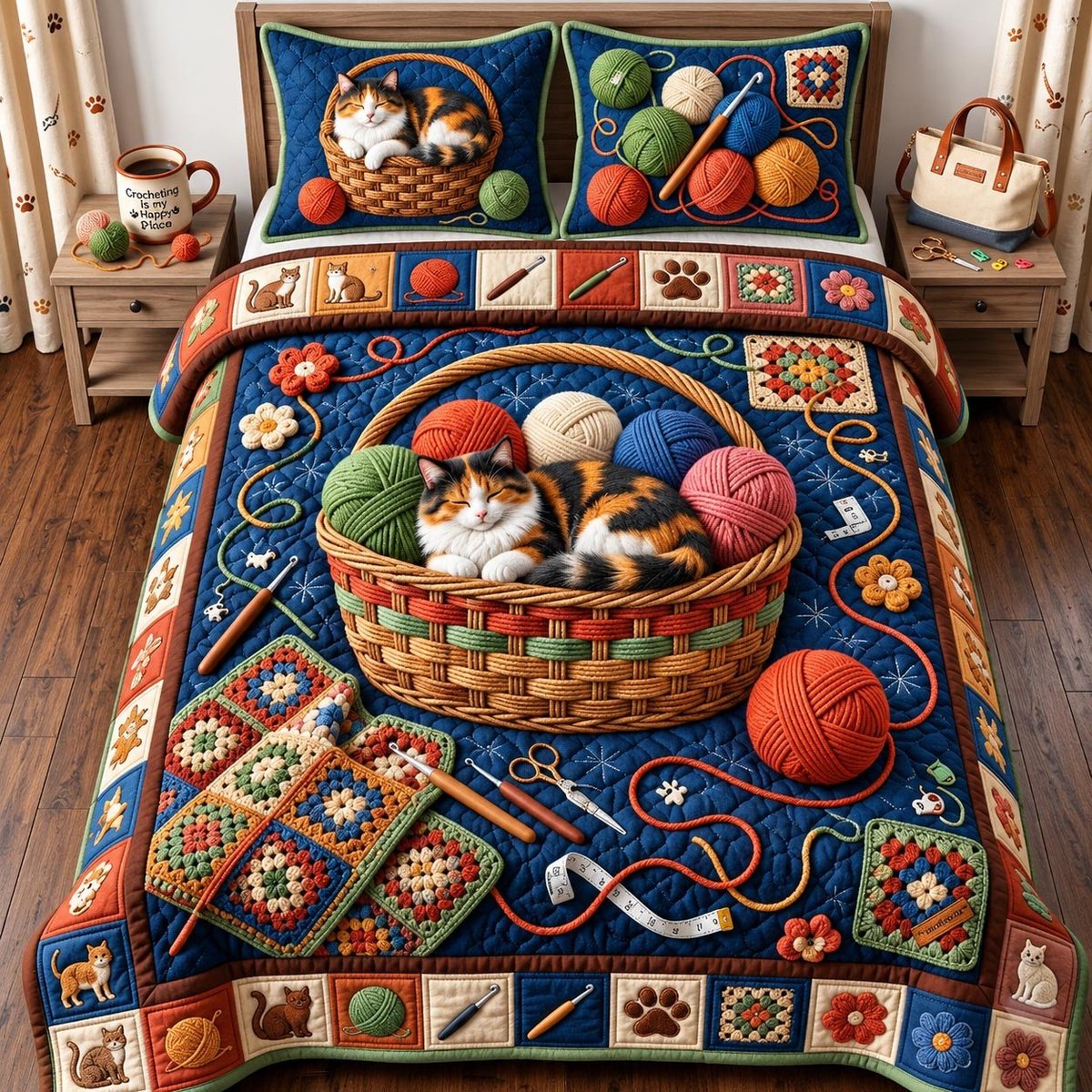 Cat Yarn Basket 3 Piece Quilted Bedding Set Gift For Cat Lovers