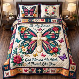 Blessed Bestie Christian 3 Piece Quilted Bedding Set Gift For Butterfly Lovers