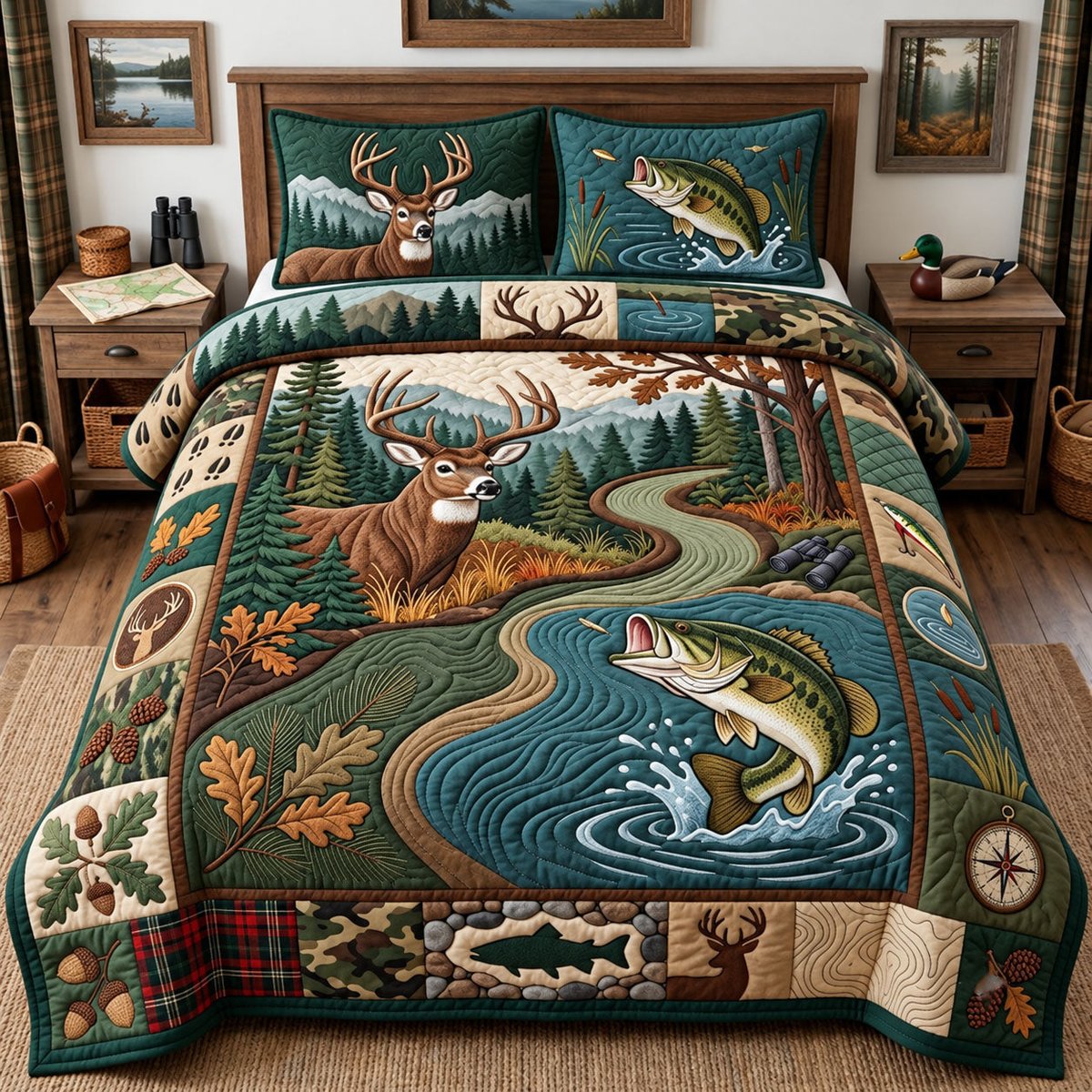 Hunting Fishing 3 Piece Quilted Bedding Set Gift For Hunters