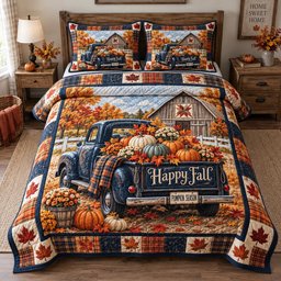 Happy Fall Truck 3 Piece Quilted Bedding Set Gift For Farmhouse Decor Lovers