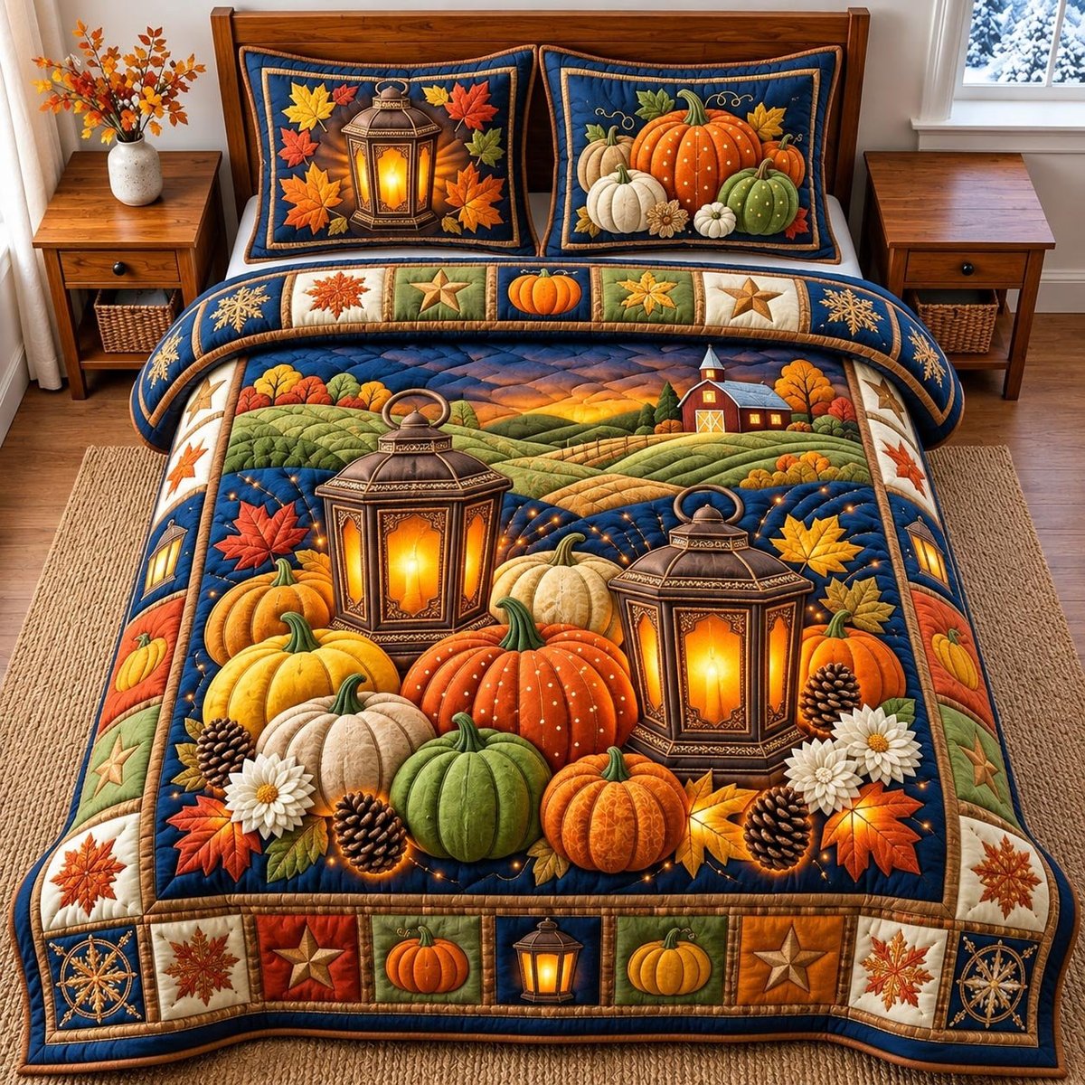 Autumn Pumpkin Lantern 3 Piece Quilted Bedding Set Halloween Gift For Gothic Decor Lovers