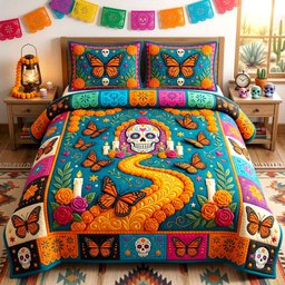 Día De Muertos Skull 3 Piece Quilted Bedding Set Gift For Flower Lovers