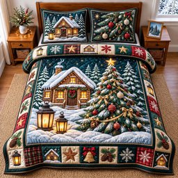 Cabin Tree 3 Piece Quilted Bedding Set Christmas Gift For Holiday Decor Lovers