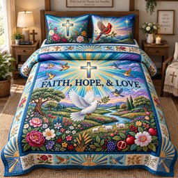 Faith Hope and Love 3 Piece Quilted Bedding Set Gift For Christians