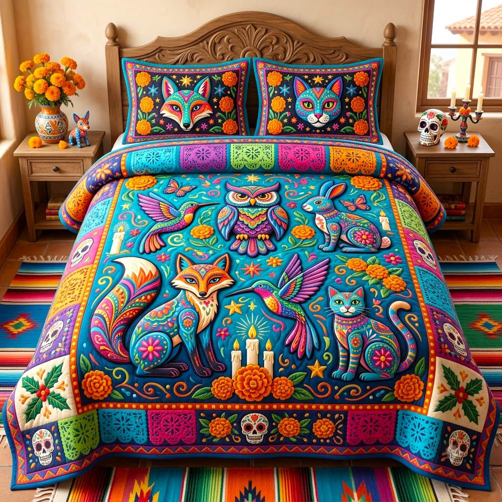 Día De Muertos Skull 3 Piece Quilted Bedding Set Gift For Flower Lovers