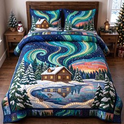 Aurora Glow Lodge 3 Piece Quilted Bedding Set Gift For Holiday Decor Lovers