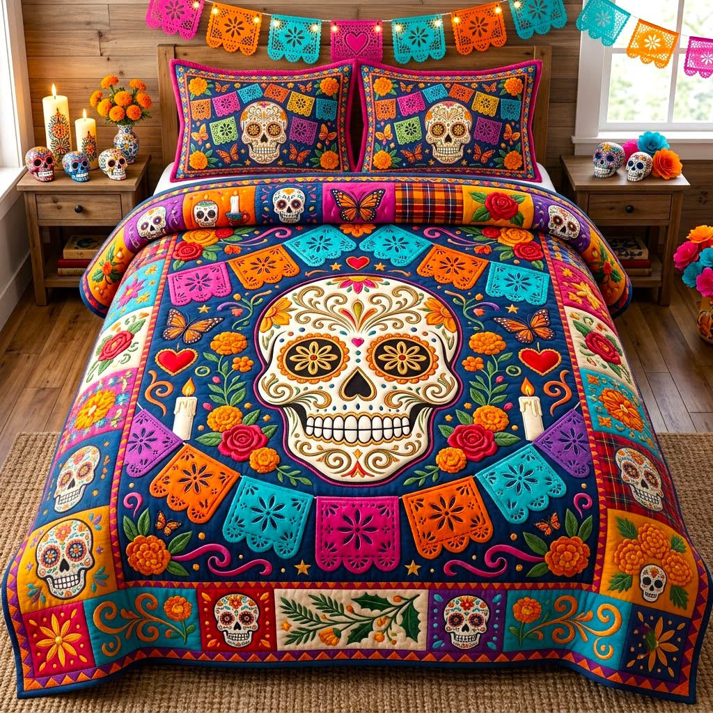 Día De Muertos Skull 3 Piece Quilted Bedding Set Gift For Flower Lovers
