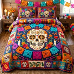 Día De Muertos Skull 3 Piece Quilted Bedding Set Gift For Flower Lovers