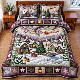 Purple Winter Village 3 Piece Quilted Bedding Set Christmas Gift For Holiday Decor Lovers