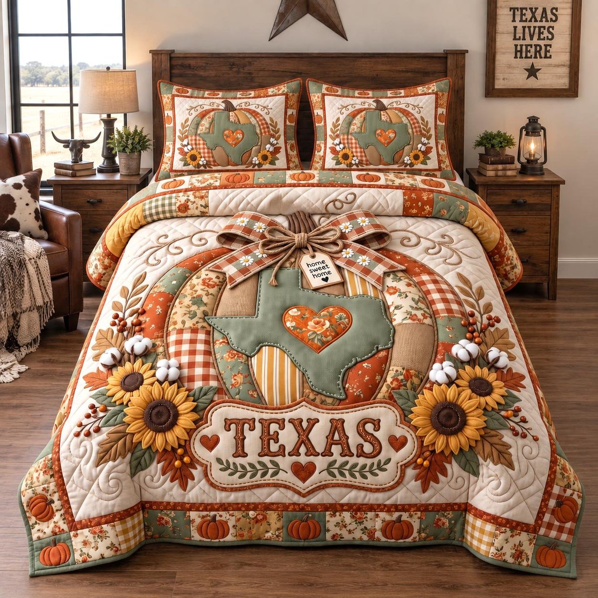 Texas Fall 3 Piece Quilted Bedding Set Gift For Western Lovers