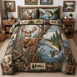 Hunting Fishing 3 Piece Quilted Bedding Set Gift For Hunters