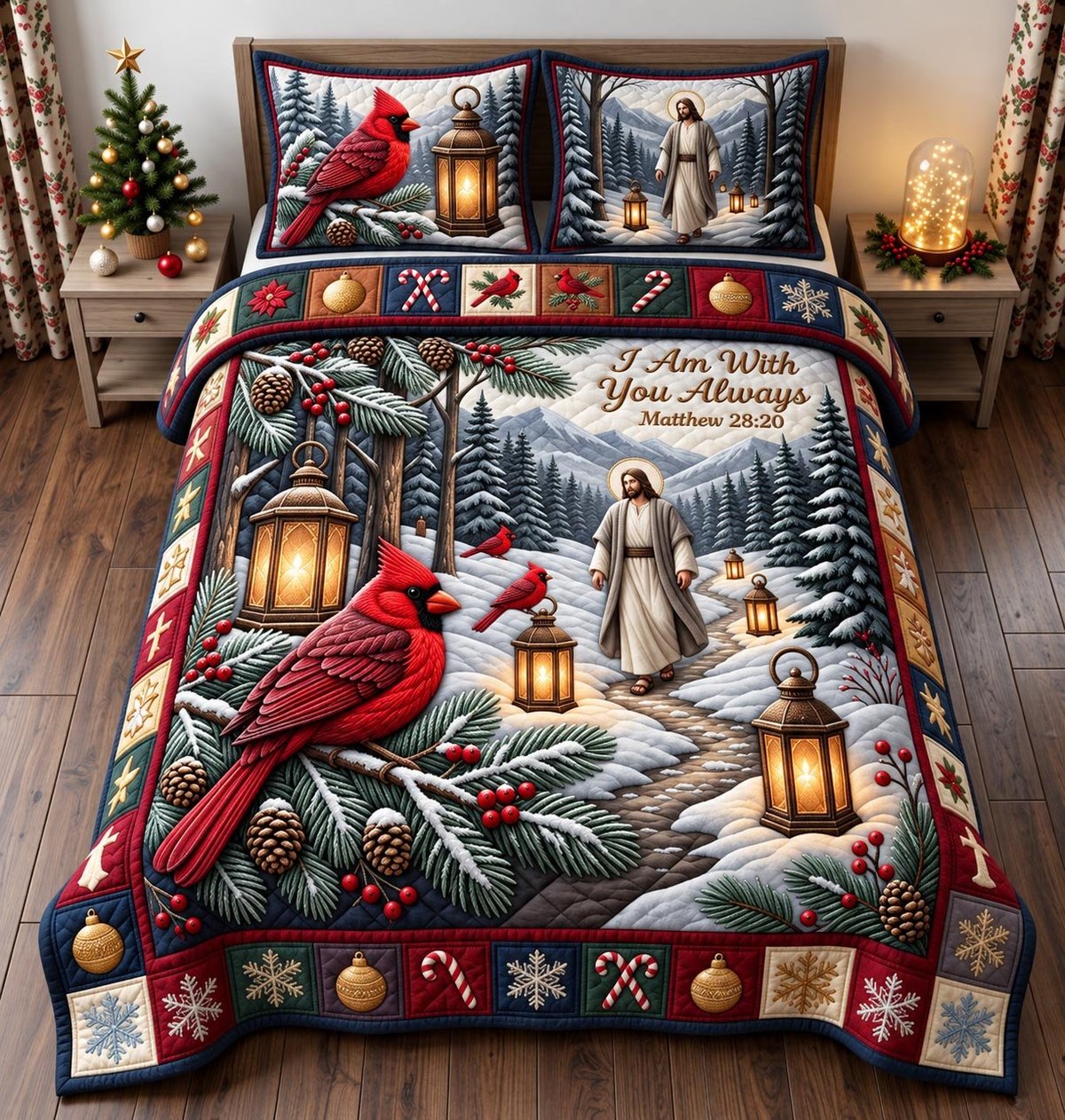 Cardinal Jesus 3 Piece Quilted Bedding Set Gift For Bird Lovers