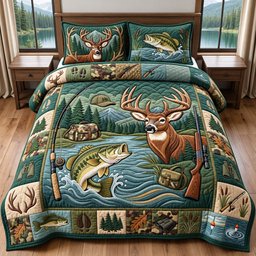 Hunting Fishing 3 Piece Quilted Bedding Set Gift For Hunters
