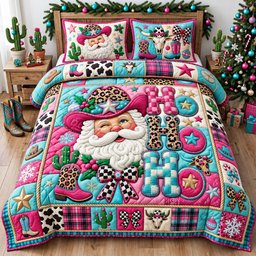 Pink Santa 3 Piece Quilted Bedding Set Christmas Gift For Holiday Decor Lovers