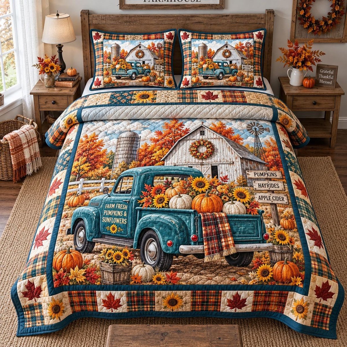 Farm Fresh Truck 3 Piece Quilted Bedding Set Gift For Farmhouse Decor Lovers