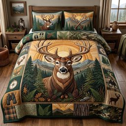 Buck Portrait 3 Piece Quilted Bedding Set Gift For Hunters