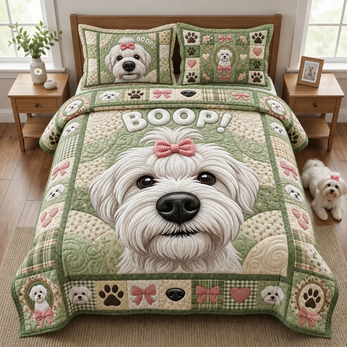 Boop Maltese Cat 3 Piece Quilted Bedding Set Gift For Cat Lovers