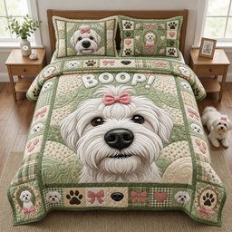 Boop Maltese Cat 3 Piece Quilted Bedding Set Gift For Cat Lovers