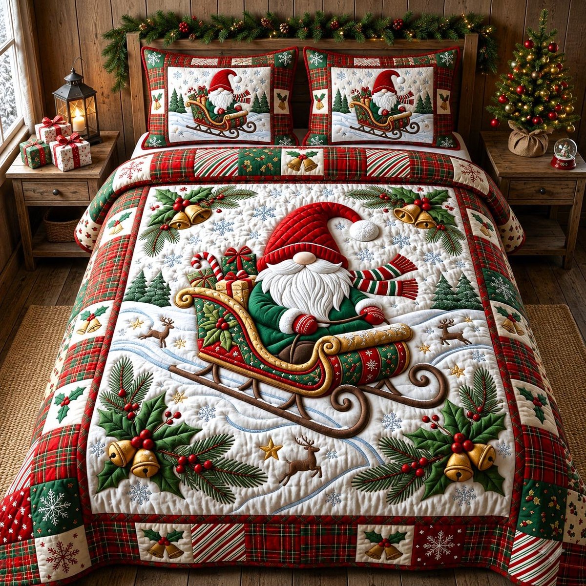 Festive Gnome 3 Piece Quilted Bedding Set Christmas Gift For Holiday Decor Lovers