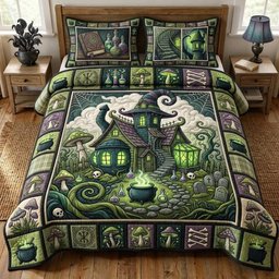 Witch Hollow 3 Piece Quilted Bedding Set Halloween Gift For Gothic Decor Lovers