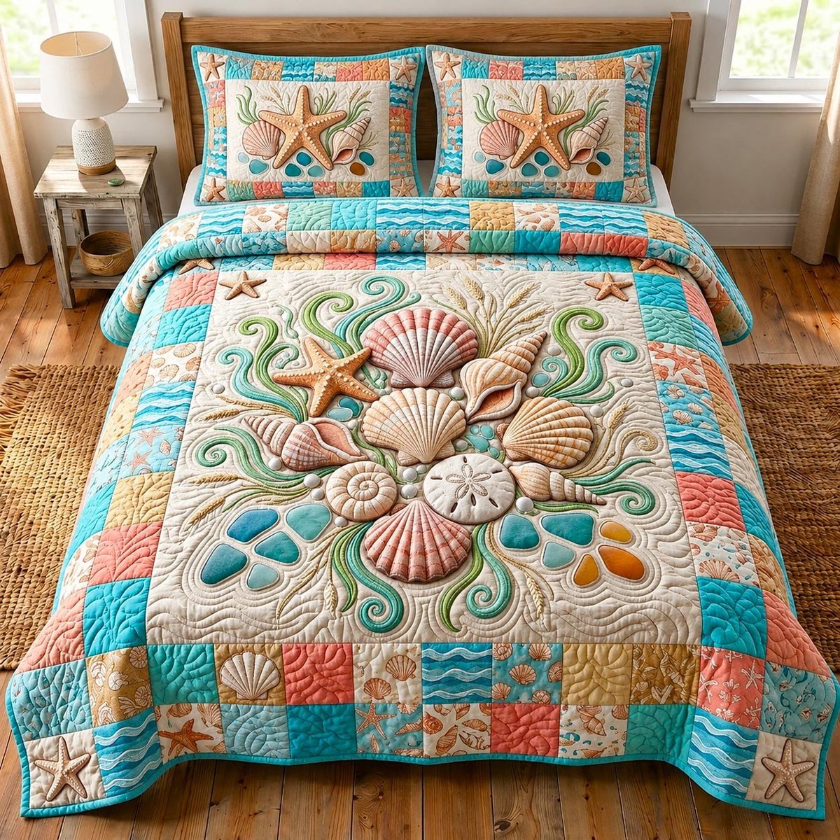 Coastal Whisper Beach 3 Piece Quilted Bedding Set Gift For Beach Lovers