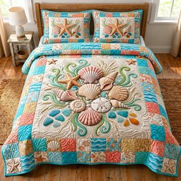 Coastal Whisper Beach 3 Piece Quilted Bedding Set Gift For Beach Lovers