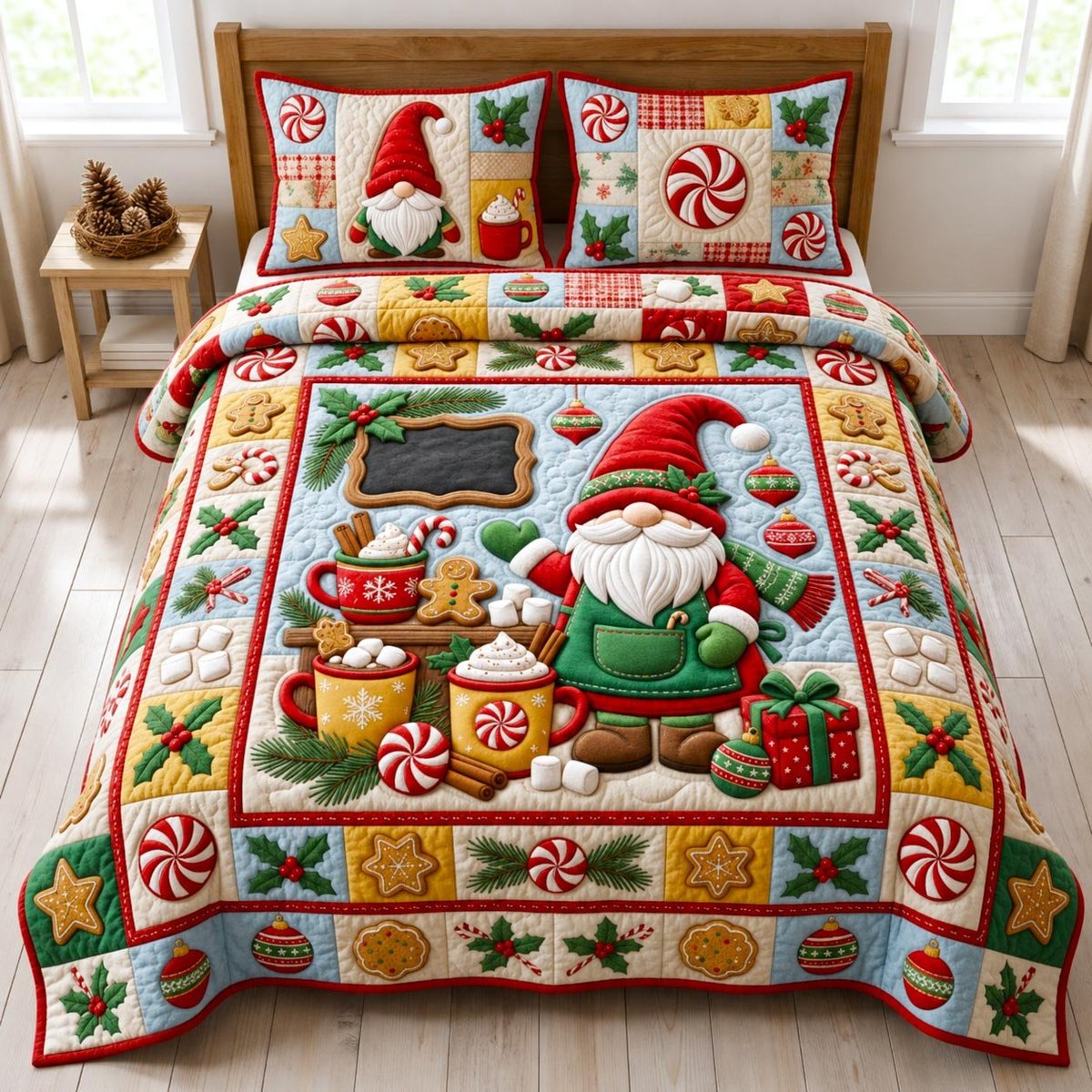 Festive Gnome 3 Piece Quilted Bedding Set Christmas Gift For Holiday Decor Lovers