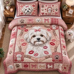 Loved Maltese Cat 3 Piece Quilted Bedding Set Gift For Cat Lovers