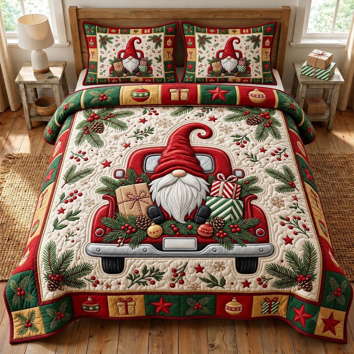 Festive Gnome 3 Piece Quilted Bedding Set Christmas Gift For Holiday Decor Lovers