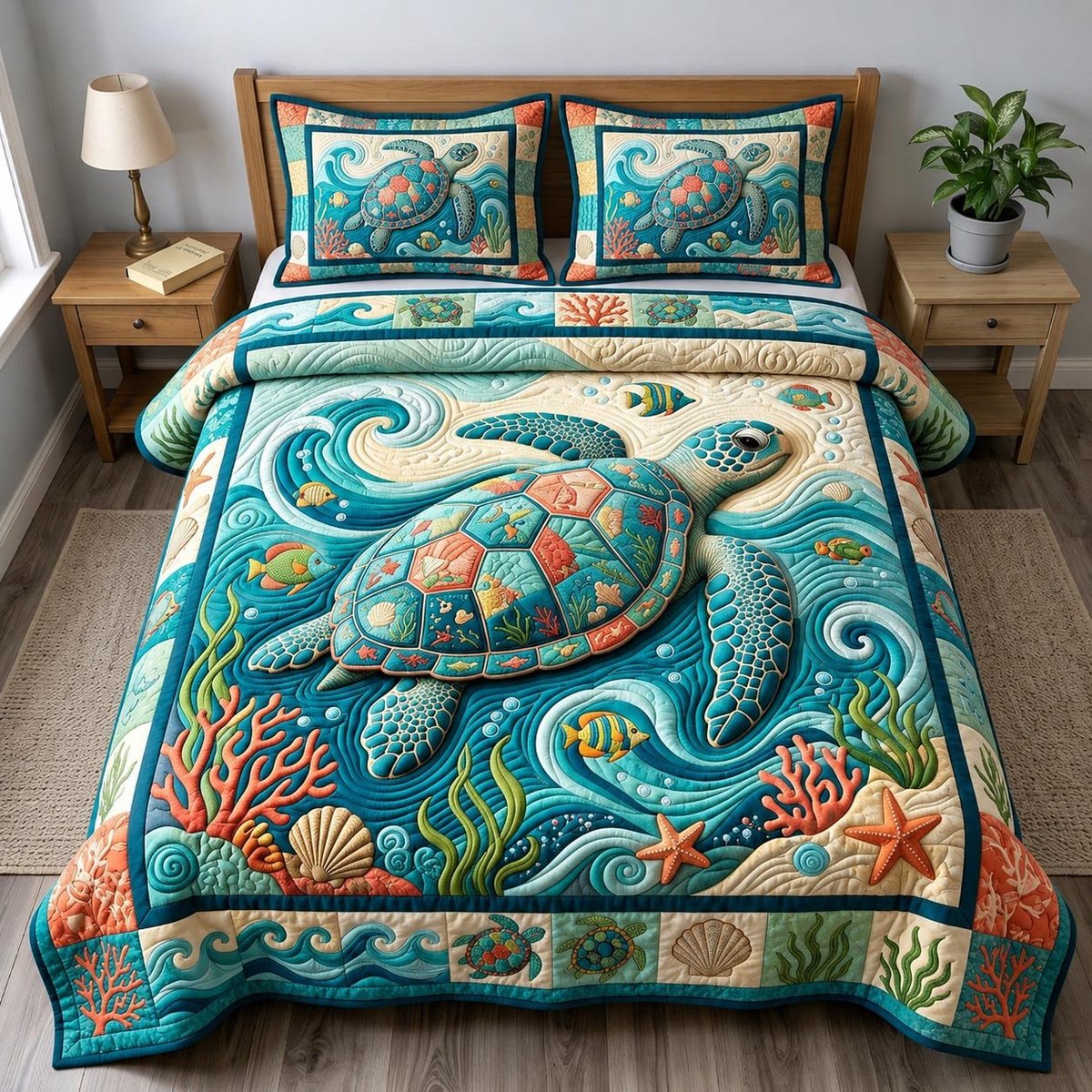 Coastal Whisper Beach 3 Piece Quilted Bedding Set Gift For Beach Lovers