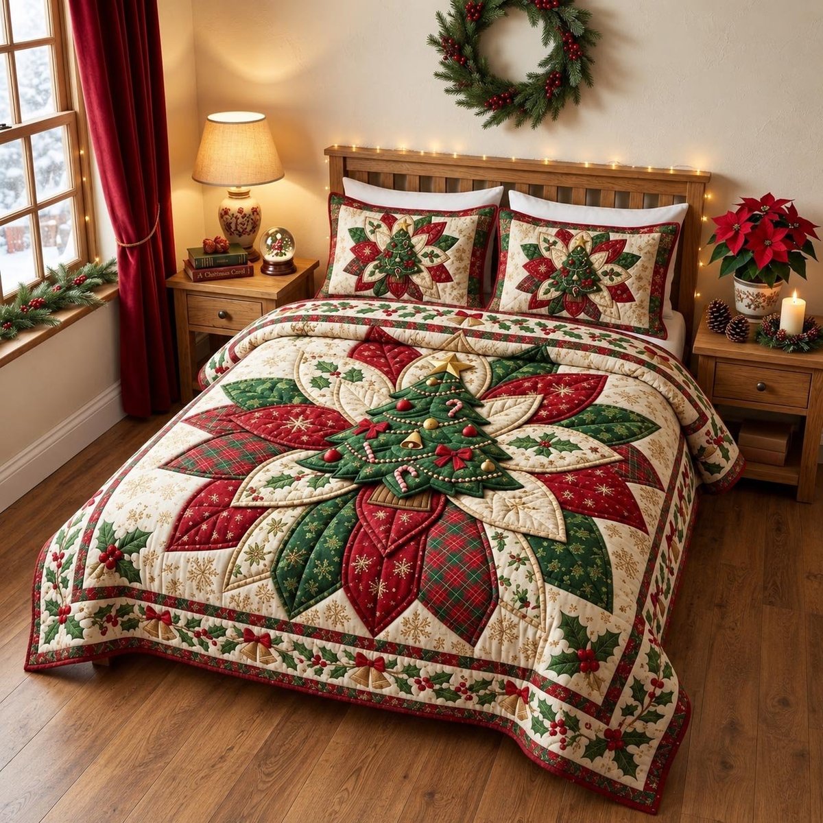 Tree Poinsettia 3 Piece Quilted Bedding Set Gift For Holiday Decor Lovers