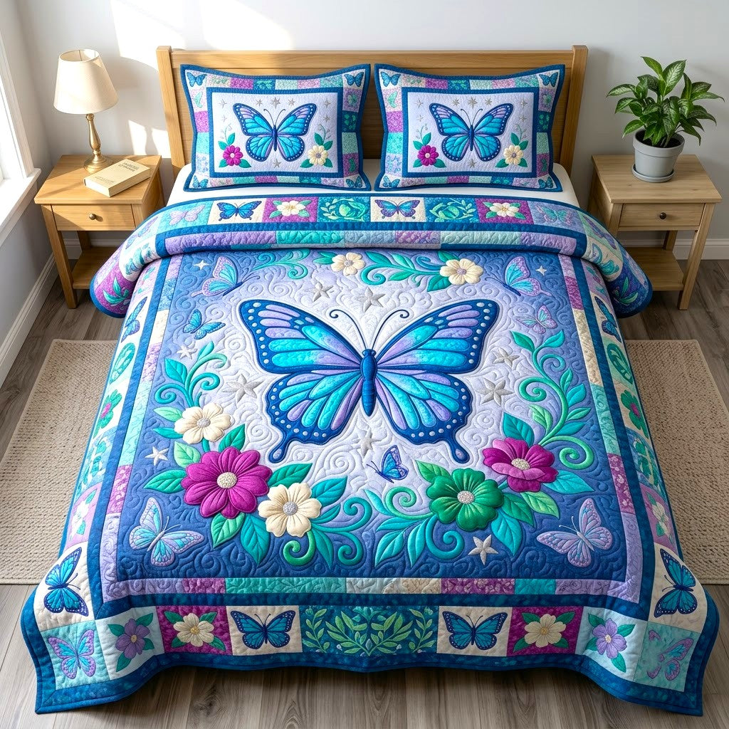 Butterfly Garden 3 Piece Quilted Bedding Set Gift For Butterfly Lovers