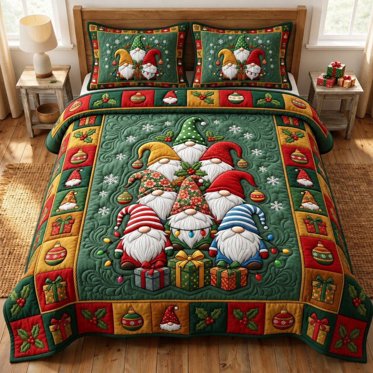 Festive Gnome 3 Piece Quilted Bedding Set Christmas Gift For Holiday Decor Lovers
