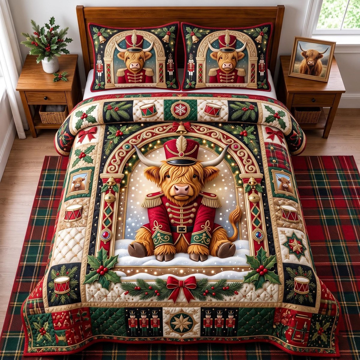 Highland Nutcracker 3 Piece Quilted Bedding Set Gift For Cow Lovers