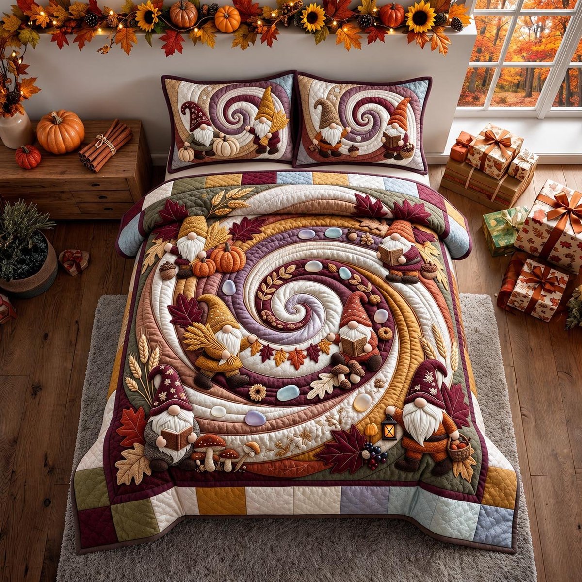 Autumn Swirl 3 Piece Quilted Bedding Set Halloween Gift For Gothic Decor Lovers
