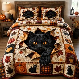 Black Cat Autumn 3 Piece Quilted Bedding Set Gift For Cat Lovers