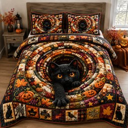 Black Cat Autumn 3 Piece Quilted Bedding Set Halloween Gift For Cat Lovers