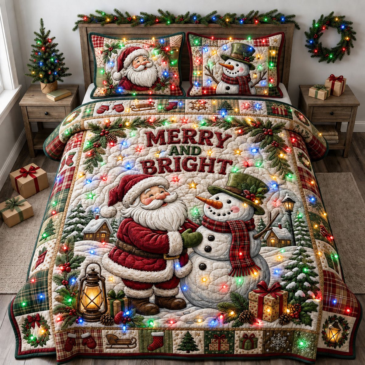 Merry and Bright 3 Piece Quilted Bedding Set Gift For Holiday Decor Lovers