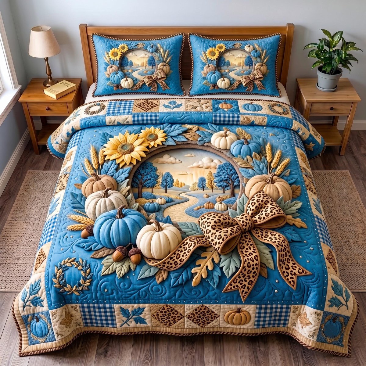 Blue Harvest 3 Piece Quilted Bedding Set Gift For Gothic Decor Lovers