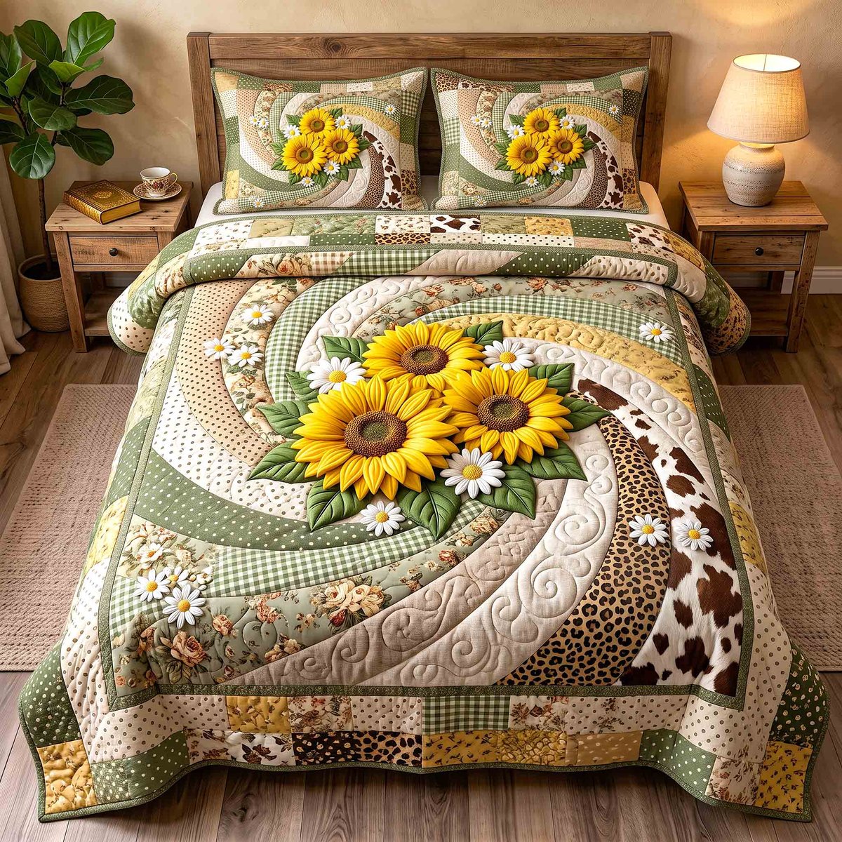 Safari Sunflower 3 Piece Quilted Bedding Set Gift For Flower Lovers