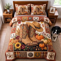 Autumn Cowboy 3 Piece Quilted Bedding Set Halloween Gift For Western Lovers